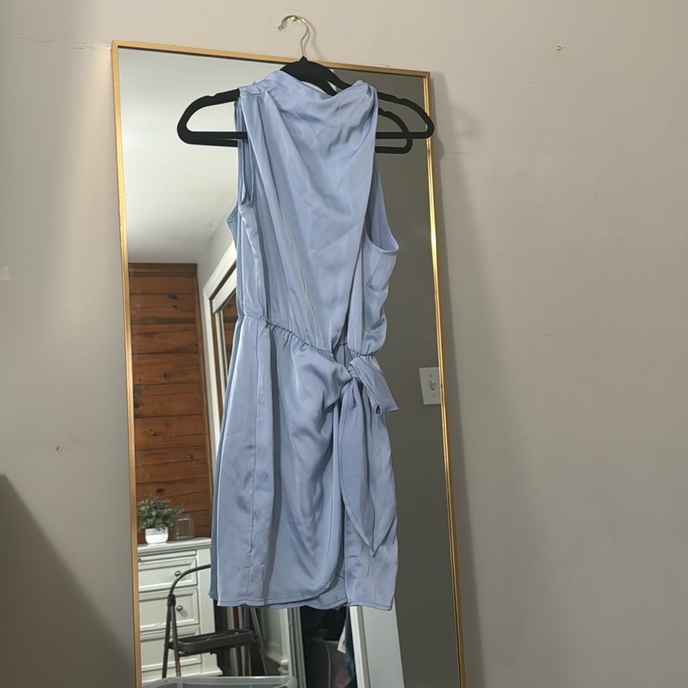Classy satin blue dress with tie side detail and high neck